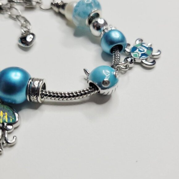 NWT Pandora Style Charm Bracelet Enamel Turtles Jellyfish Whale Blue Silver Bead - Picture 5 of 9